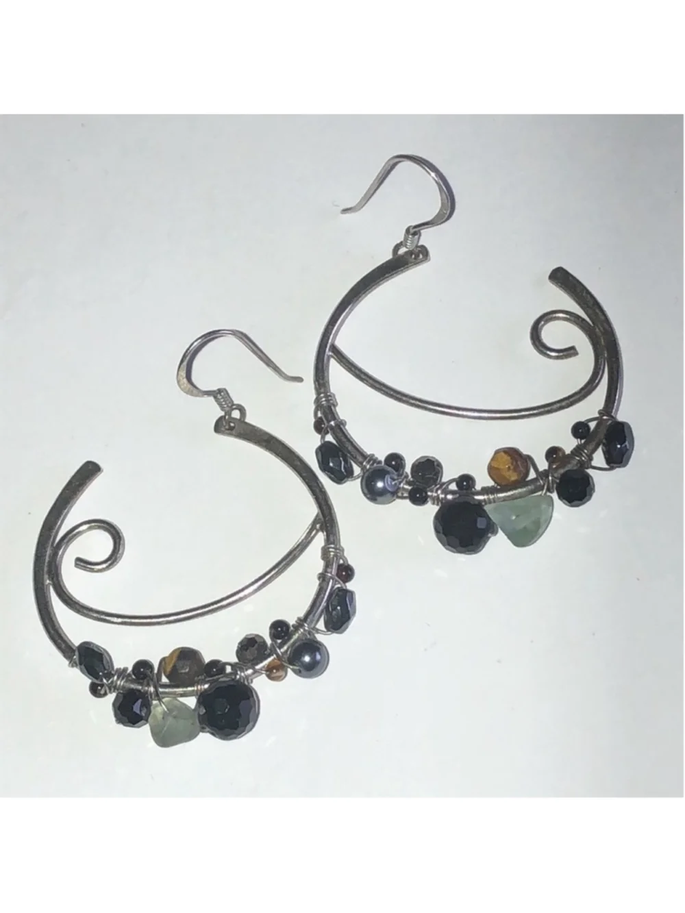 Elegant Sterling Silver Hoop Earrings with Black and Green Accents